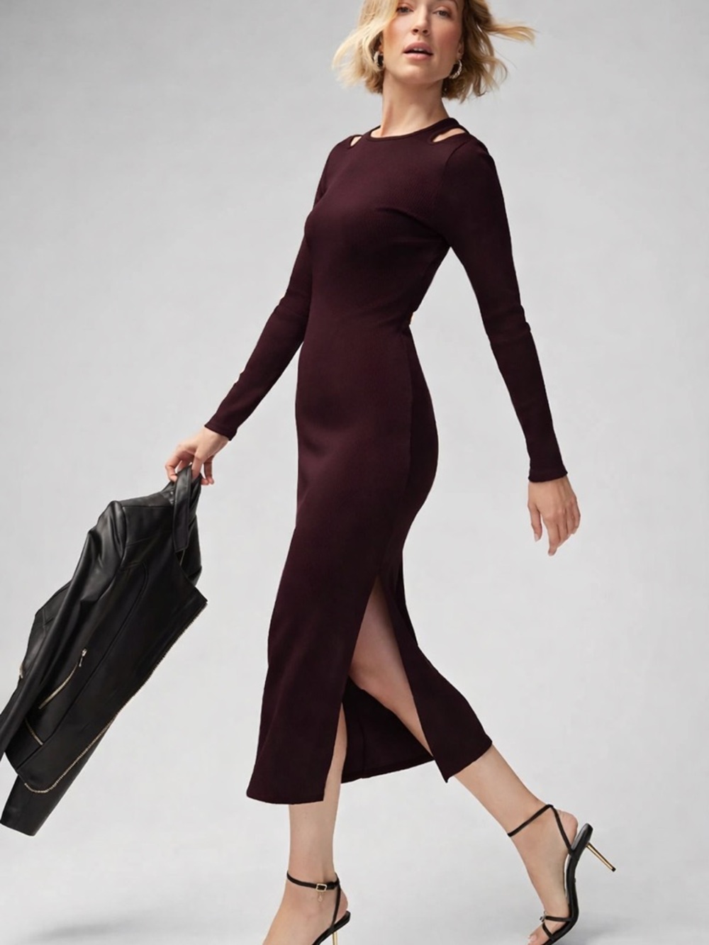 White House Black Market WHBM FORME Ribbed Long Sleeve Cutout Dress